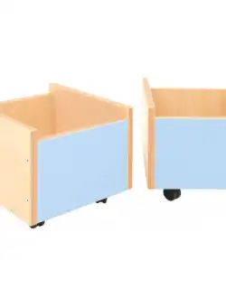 Cutie din lemn bleu pe roti