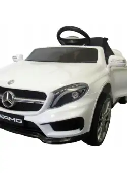 Masinuta electrica cu telecomanda 70W roti EVA si scaun piele Mercedes GLA45 alb, roti din cauciuc Eva, pornire lenta, lumini, panou de muzica 2 usi cu deschidere
